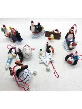 Penguin Christmas Ornaments Wood Set 9 Painted Festive Holiday Decorations